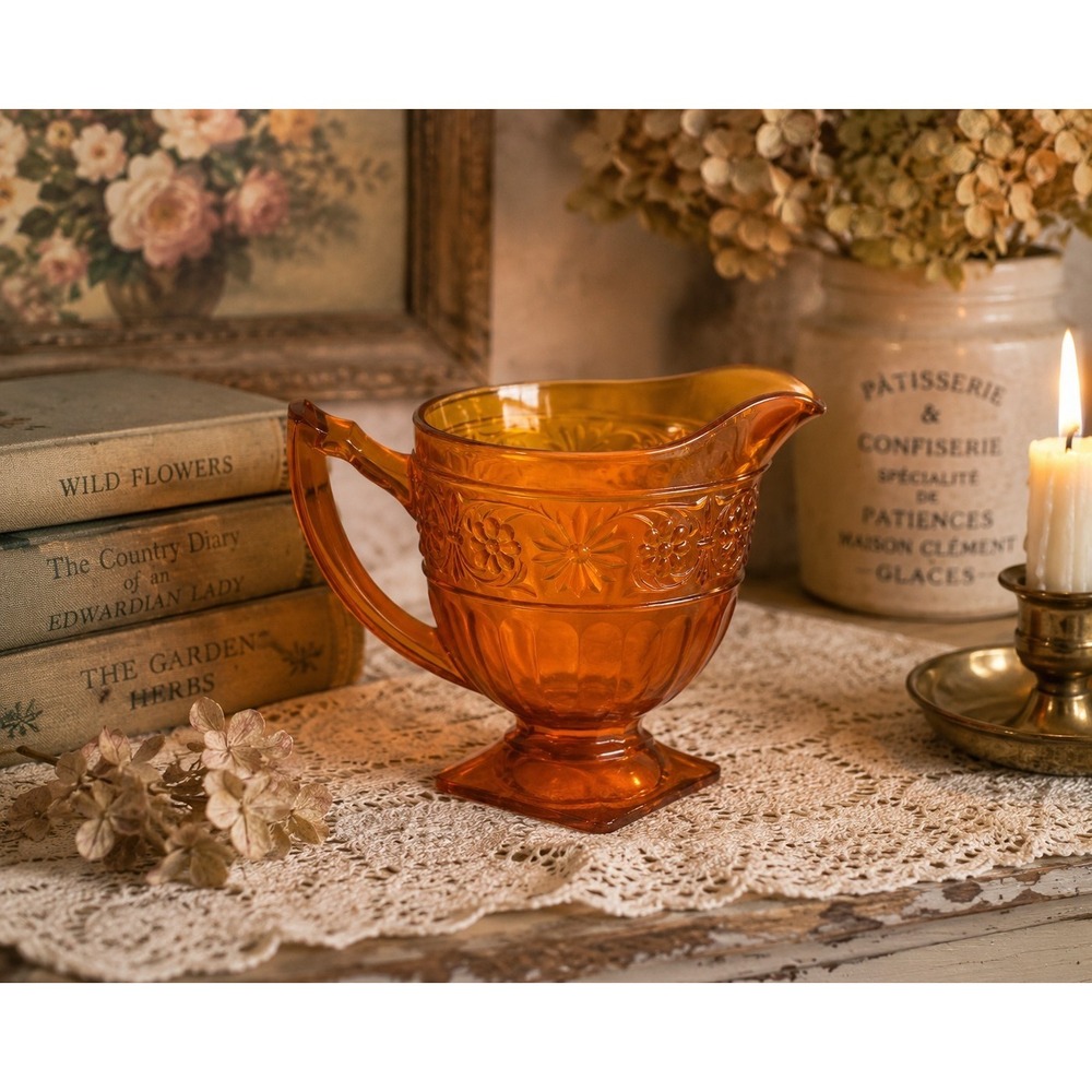 Vintage‎ Indiana Amber Depression Glass Daisy Pattern Footed Creamer, Pre-owned